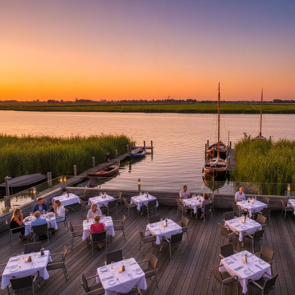 Terras aan de Nieuwkoopse Plassen bij zonsondergang